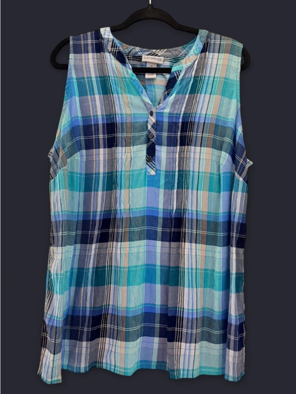 Catherines Sleeveless Plaid Tunic Top - Blue Teal-ptp 22.5